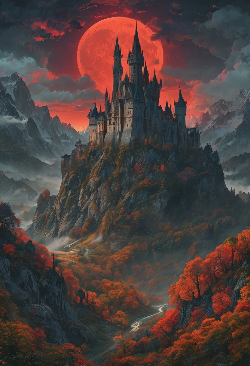 A captivating night scene illustration featuring a forboding and haunted castle on a great great mountain. The castle and mountain are much like Neuschwanstein Castle in Bavaria. This enchanting artwork captures a dark and ominous night, wherered bloodmoon hangs above over the tree covered mountain range and castle which stands resolute amidst the great mountains, creating a cinematic experience., illustration, cinematic
<lora:DonM3t3rn1tyXL-v1.1:0.7>, DonM3t3rn1tyXL,
OverallDetailXL <lora:MJ52:0.3> <lora:SDXLFaeTastic2400:0.4> <lora:EpicF4nta5yXL:0.7>