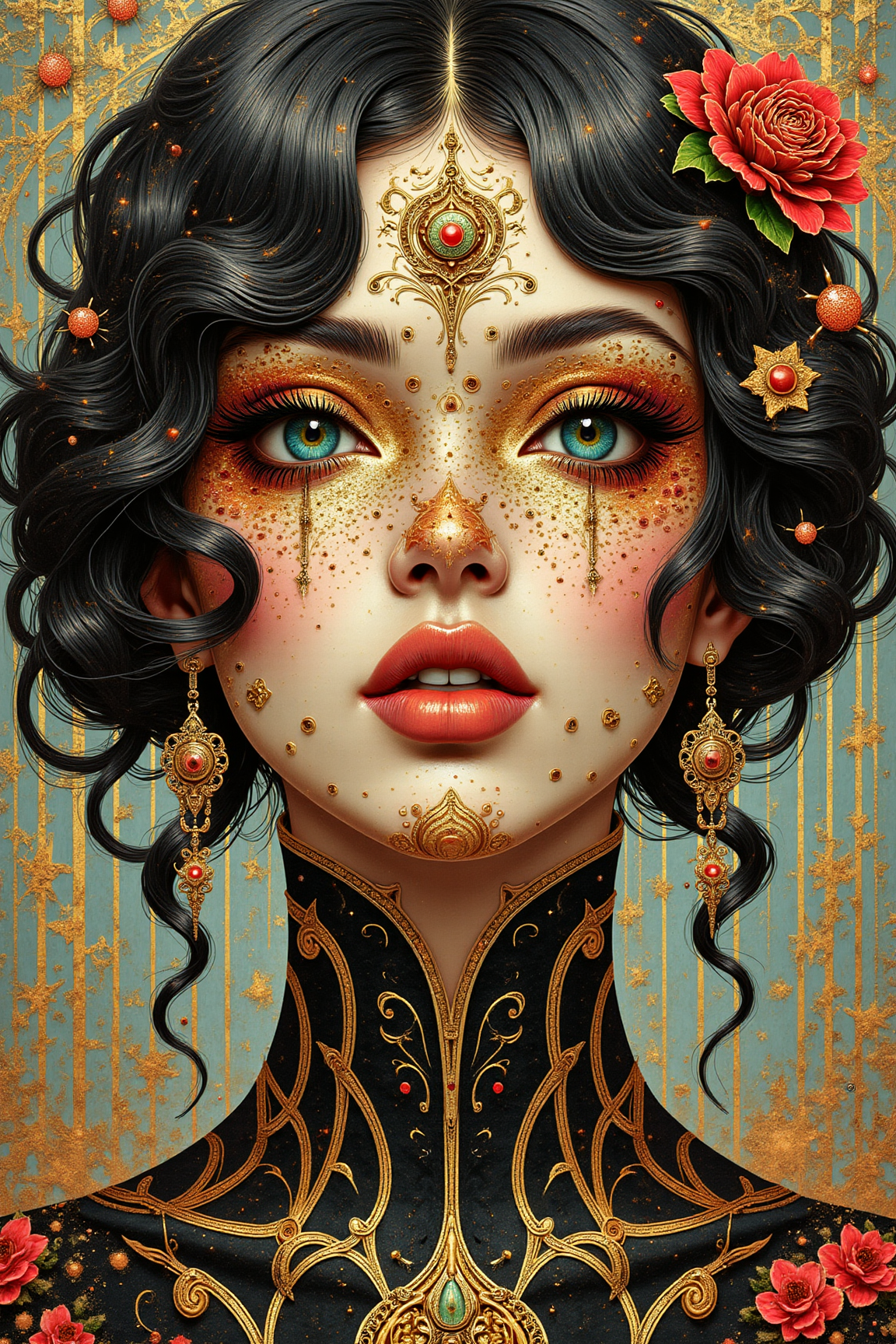 yfg-sm0rg, ART NOUVEAU streamline moderne reaction-diffusion turing pattern lichtenberg pattern fauvism Anodized Metal Queen, Brittney Lee, paper craft inspired, very detailed, sparklecore, glittercore, goth color palette trending on ArtStation
