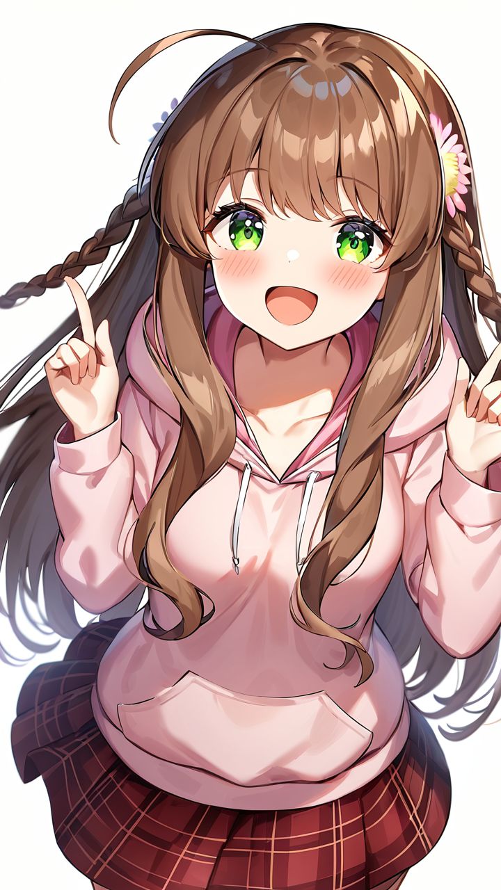 masterpiece,best quality,very aesthetic,absurdres, <lora:XL kanbe_kotori:1>,1girl,kanbe_kotori,solo,Standing on the ground,frontal,front view,Positive por,masterpiece,best quality,very aesthetic,absurdres, kanbe_kotori, 1girl, solo, open mouth, smile, simple background, hood, casual, flower, ahoge, happy, skirt, pink hoodie, ^ ^, index fingers raised, white background, facing viewer, hoodie, hood down, :d, blush, index finger raised, red skirt, head tilt, plaid, standing, plaid skirt, hands up, sidelocks, cowboy shot, pink flower, alternate costume, eyelashes, white flower, collarbone, official alternate costume