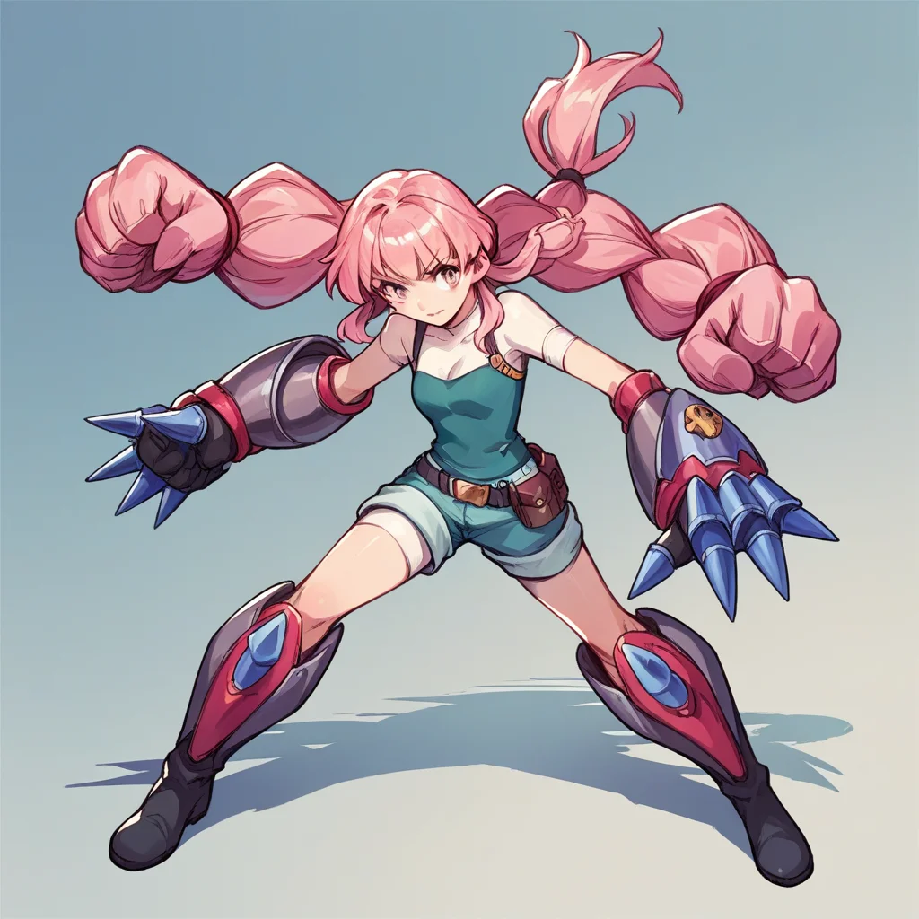 (score_9, score_8_up, source_anime:1.2), BREAK naguri, 1girl, gauntlets, boots, pink hair, short shorts