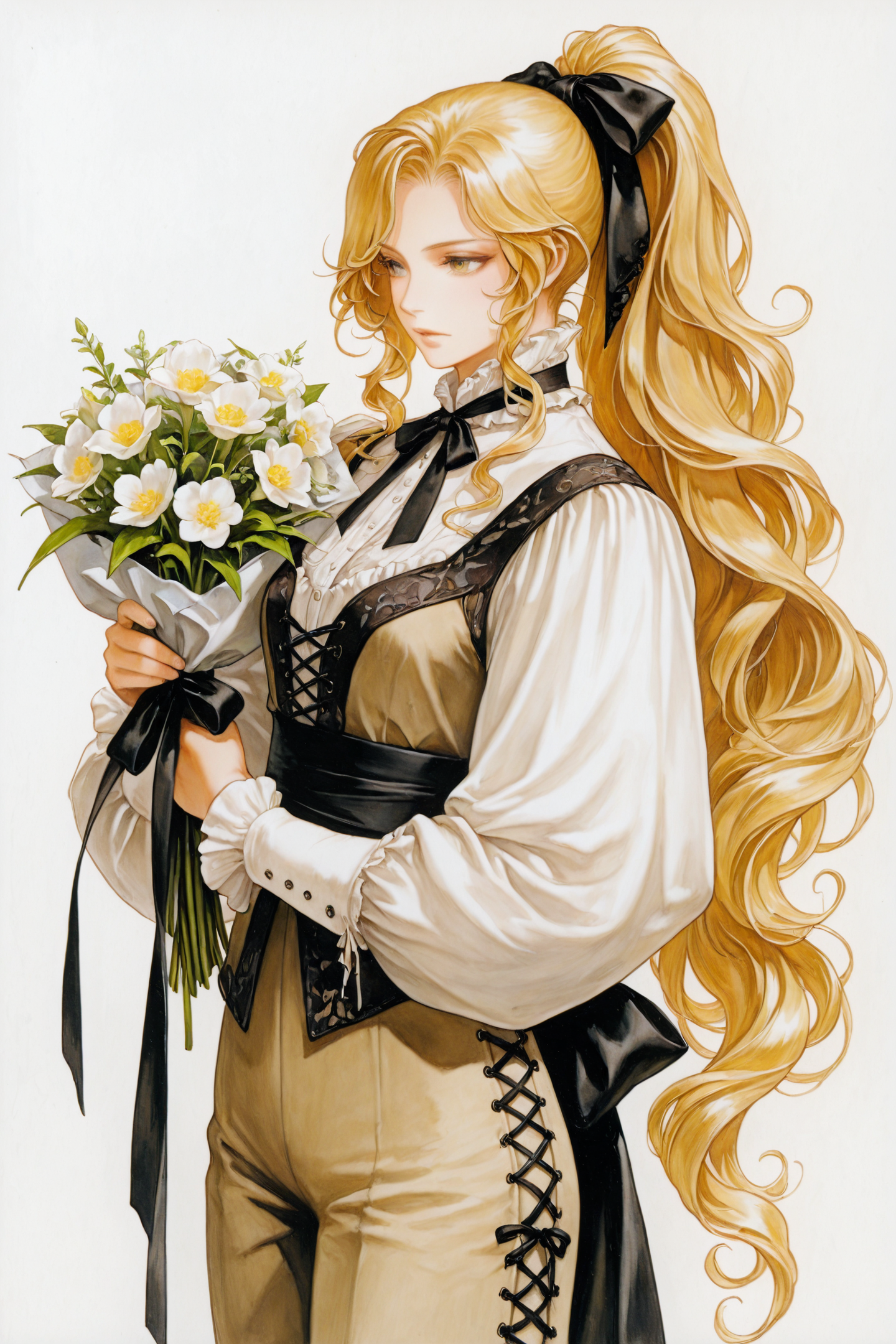 solo,long hair,1girl,blonde hair,flower,puffy sleeves,long sleeves,white background,simple background,sash,standing,pants,holding,bouquet,very long hair,puffy long sleeves,ribbon,ponytail,frills,cross-laced clothes,black ribbon,shirt,traditional media,upper body,curly hair,
<lora:Ayami Kojima_illustriousXL:1.2>,
