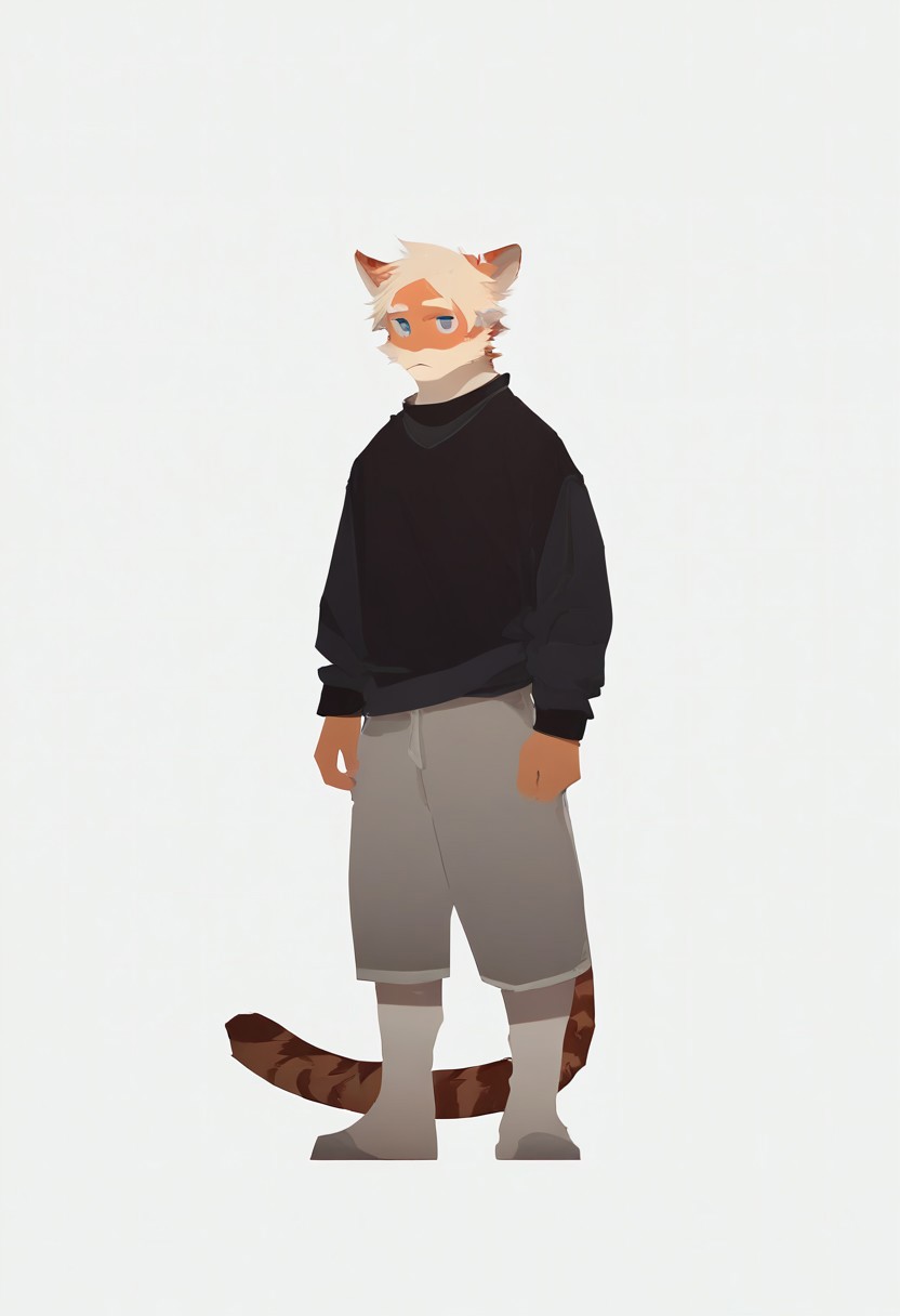 score_9_up, score_8_up, score_7_up, source_furry, dnd, milkytiger, tiger ears, tiger boy, white eyebrows, blue eyes, 1boy, solo, black sweater, gray shorts, full body, standing