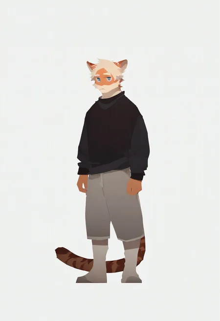 score_9_up, score_8_up, score_7_up, source_furry, dnd, milkytiger, tiger ears, tiger boy, white eyebrows, blue eyes, 1boy, solo, black sweater, gray shorts, full body, standing