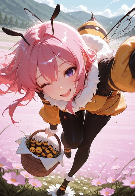 Hey you! CivChan needs your buzz,
solo, (floating, midair), [bent over], reaching out to viewer, dangling legs, spring, outside, meadow, carrying basket,
(bee costume bee onesie), insect wings,
purple eyes, pink hair, curvy,
wind, happy, wink, red pupil,
(takashia \(akimototakashia\):0.5), (sam yang:0.5), (ciloranko:0.5), (moshimoshibe:0.5), 
masterpiece, newest, highres, absurdres, amazing quality, best quality, ultra-detailed