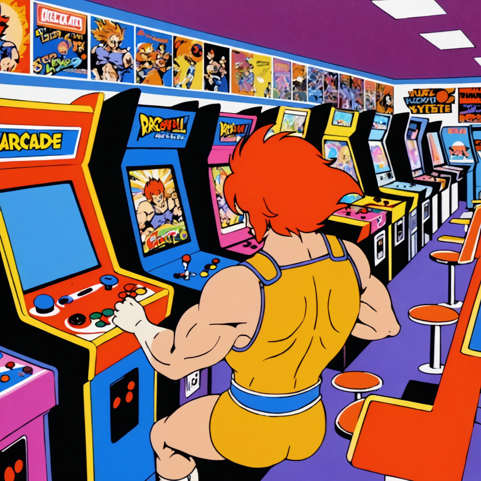 Lion-O man playing arcade inside a retro arcade store, vibrant neon colors, videogame posters, anime, dragon ball style<lora:Lion-O-v1-000003:0.7>