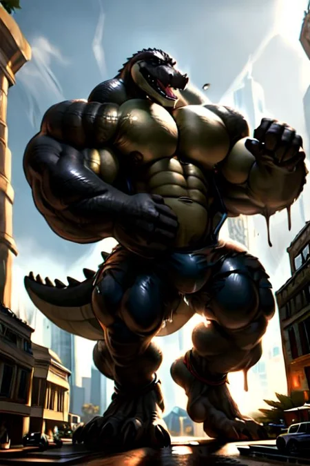 ((full body)), solo, male, saltwater crocodile, crocodilian, crocodylid, muscular male, ((black body, black scales)), black countershading, (countershade torso, countershade legs), digitigrade, detailed eyes, detailed face, (open dress shirt, dress shorts, ankle band), barefoot, (body bursting through skyscraper, building destruction), green liquid dripping from mouth, (torn clothing, ripped clothing), (((tight clothing))), ((hyper muscles, huge muscles, big muscles)), ((macro, gigantic, huge body, giant, massive, looming)), ((outside, skyscrapers around him)), (((growth, growing, motion lines))), detailed background, amazing background, by tankh, by darkgem, ((masterpiece)), 4k, hd, best details, epic, ((best quality)), (ultra detailed), natural light, sharp, amazing details
