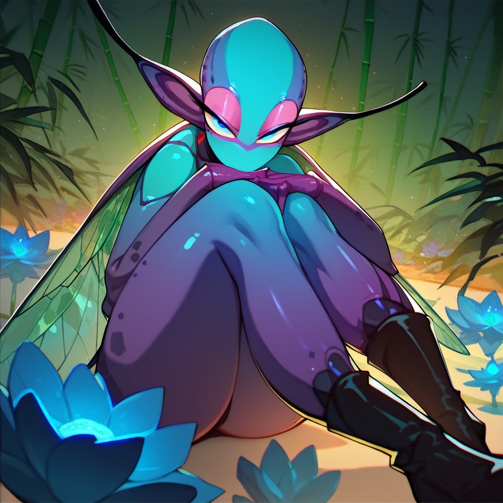 score_9, score_8_up, score_7_up, score_6_up, dark faerie, flying at night, beautiful face, heavy black boots, highly detailed, blue lotus blossom, bamboo, insect wings, twisting brambles, monster boy, perfect eyes looking at viewer, cyan and magenta, colored skin,