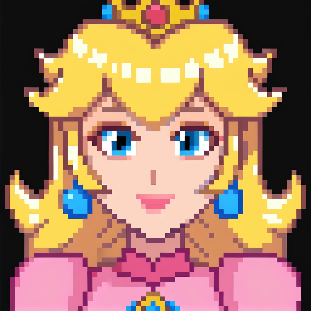 1girl,princess peach, blonde hair, blue eyes,smile,portrait,stardewxl,black background, <lora:stardew_valle_portraits_pony-000008:1>