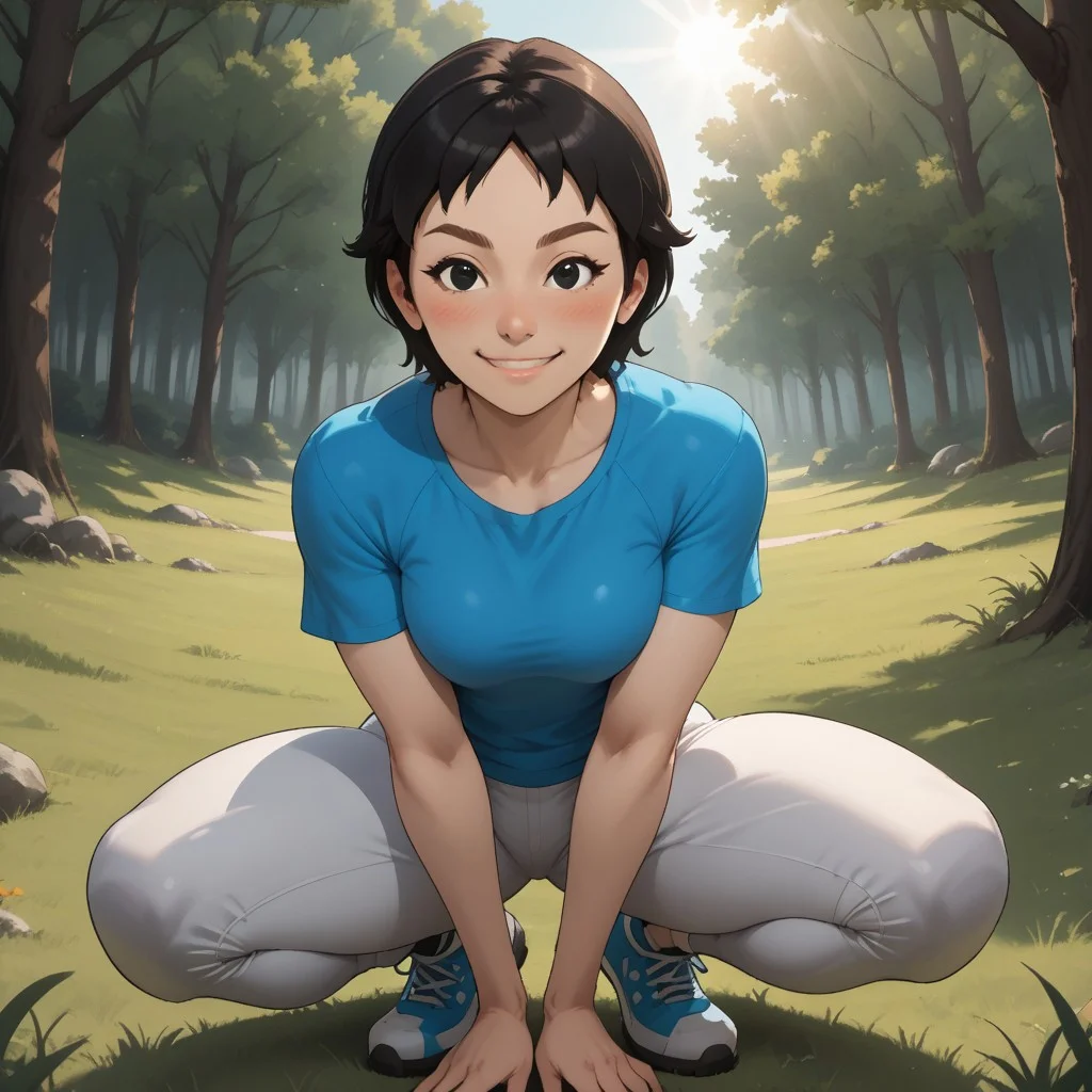 score_9, score_8, BREAK, solo, wii, mii, white skin, black hair, black eyes, brown eyebrows, blush, cyan clothing, white pants, shoes, breasts, 1girl, female mii, wii sports, cute, Rin_(Wii_Sports), nintendo mii, modern_mii, classic_mii, sexy pose, smile, outdoors, sunlight, shadows, evening lighting, natural lighting, forest, trees, grass, orange sky, sunset
