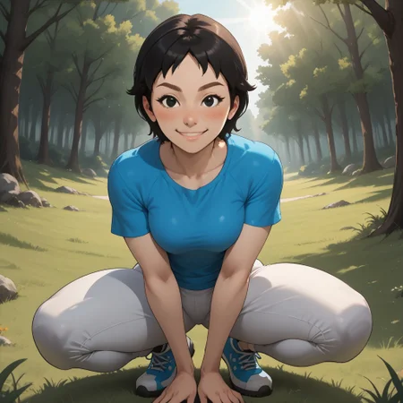 score_9, score_8, BREAK, solo, wii, mii, white skin, black hair, black eyes, brown eyebrows, blush, cyan clothing, white pants, shoes, breasts, 1girl, female mii, wii sports, cute, Rin_(Wii_Sports), nintendo mii, modern_mii, classic_mii, sexy pose, smile, outdoors, sunlight, shadows, evening lighting, natural lighting, forest, trees, grass, orange sky, sunset