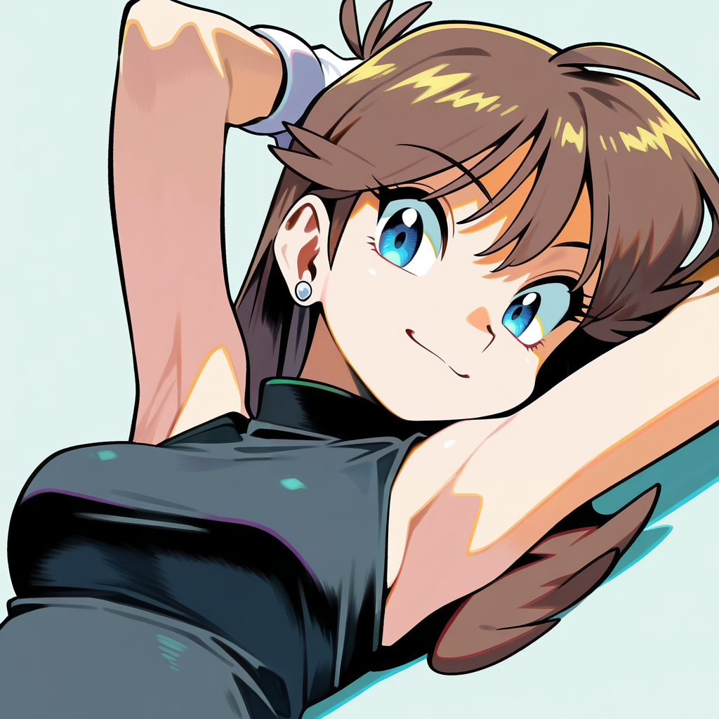 masterpiece, best quality, amazing quality,  BREAK bluepokespe, long hair, 1girl, light smile, solo, brown hair, blue eyes,  sleeveless dress, black dress, white gloves, looking at viewer, leaning back, earrings, upper body, medium breasts, arms behind head, facing viewer, armpits, <lora:Blue:0.8> <lora:PokemonAdventuresNoobLocon_byKonan:1>