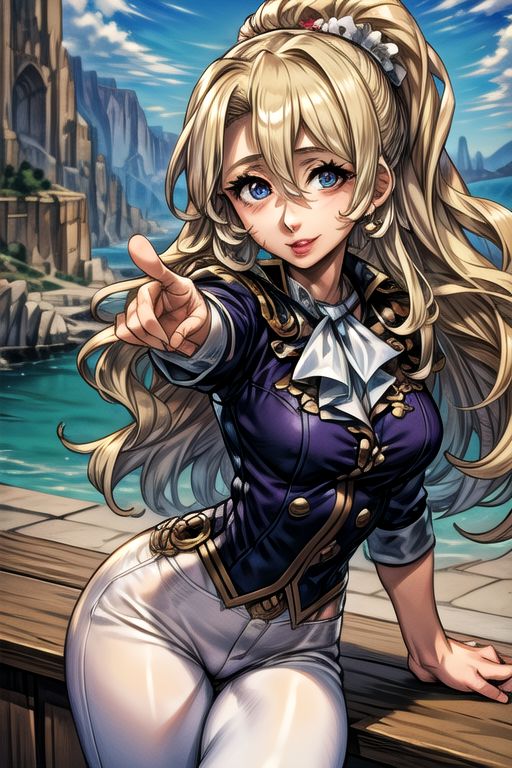 masterpiece, Lily Kokoschka , best quality, best quality, ultra-detailed, highres,sharp focus,(ultra detailed,extremely detailed), 1girl,(masterpiece, best quality), LilyKOKOSCHKA, 1girl, solo, long hair, blonde hair, hair between eyes, uniform, ascot, wavy hair, eyes visible through hair, white ascot, riding pants, hungry clicker, Pointing, Commanding