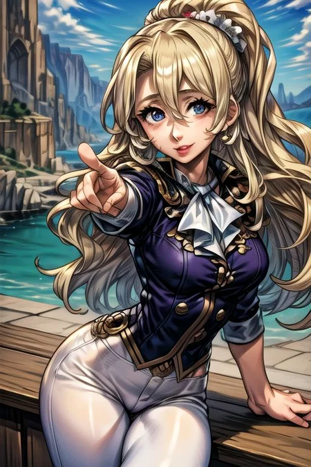 masterpiece, Lily Kokoschka , best quality, best quality, ultra-detailed, highres,sharp focus,(ultra detailed,extremely detailed), 1girl,(masterpiece, best quality), LilyKOKOSCHKA, 1girl, solo, long hair, blonde hair, hair between eyes, uniform, ascot, wavy hair, eyes visible through hair, white ascot, riding pants, hungry clicker, Pointing, Commanding