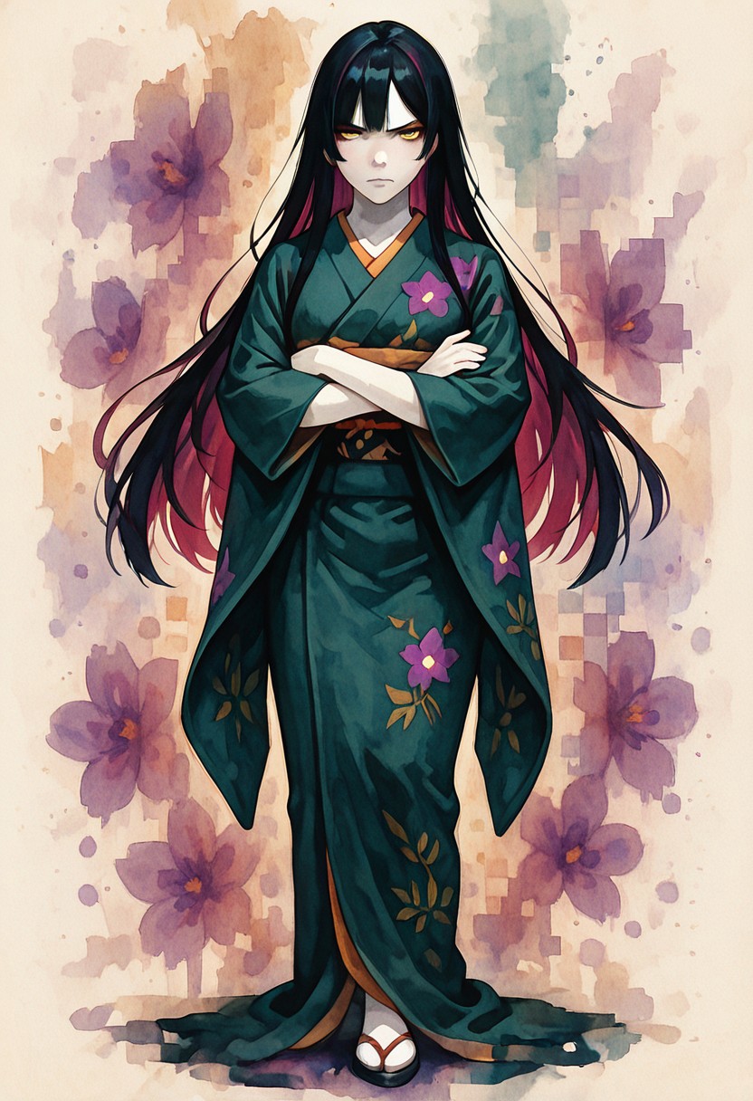 lazypos, PixelWater, 1girl, full body portrait, straight jet-black hair with violet streaks, pale skin, golden eyes, serious expression, wearing a dark green kimono with floral patterns, standing with arms crossed, looking over shoulder, moody ink splash background,
