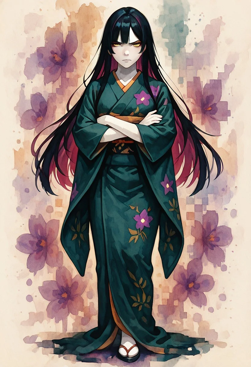 lazypos, PixelWater, 1girl, full body portrait, straight jet-black hair with violet streaks, pale skin, golden eyes, serious expression, wearing a dark green kimono with floral patterns, standing with arms crossed, looking over shoulder, moody ink splash background,