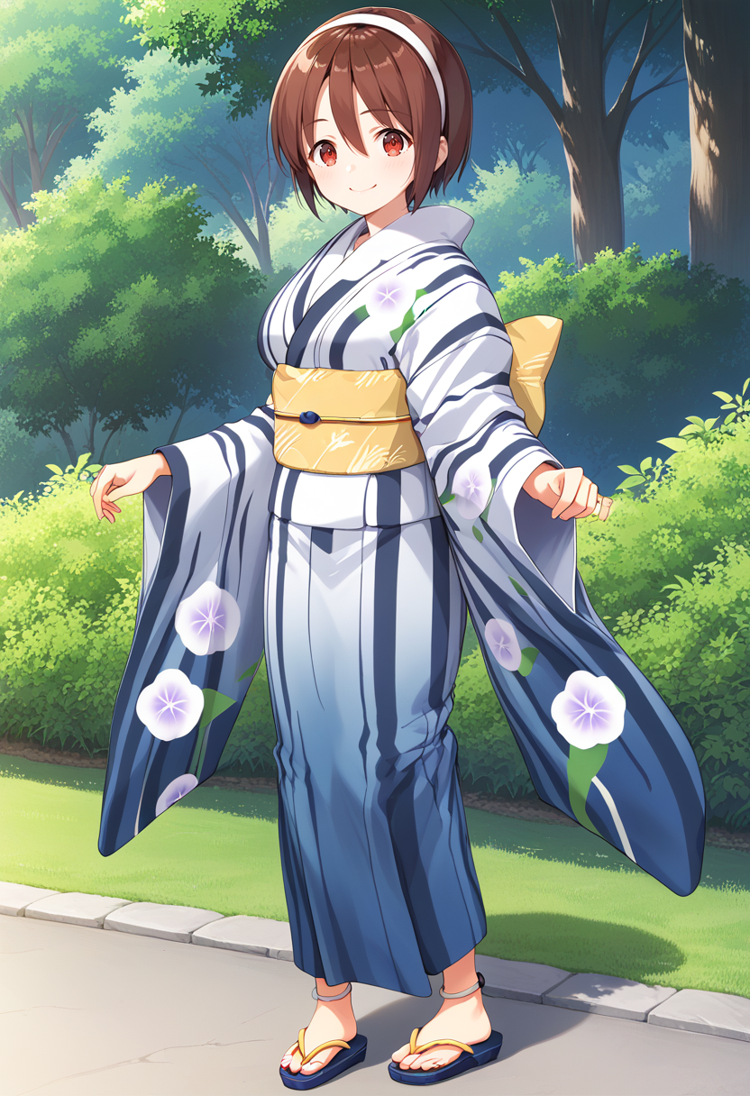 1girl, solo, standing, park, full body, <lora:KC_02LC_natori_pony:1> natorikc, brown hair, short hair, white hairband, bangs, hair between eyes, brown eyes, red eyes, tareme, medium breasts,      natoriyukatakc, white_kimono, print_kimono, wide sleeves, obi, sash, sandals,, score_9,score_8_up, score_7_up, source_anime, masterpiece, best quality,  official art, official style, game cg, megami magazine, rating_safe, rating_questionable, <lora:Fixhands_anime_bdsqlsz_V1:0.75>, NEGATIVE_HANDS