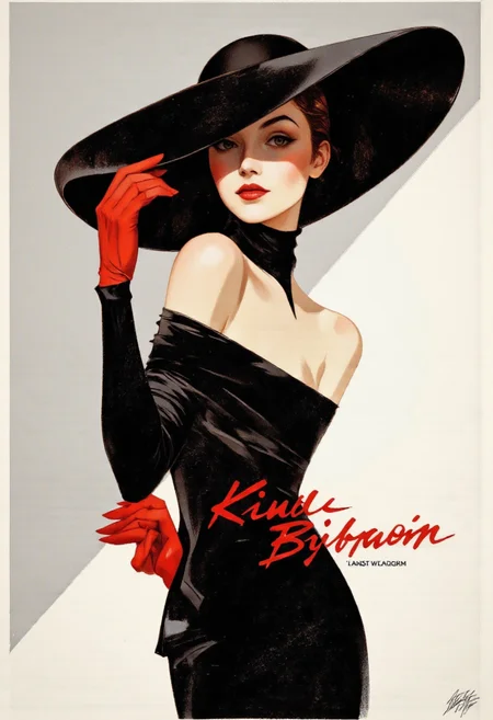 Cinematic photo. A stylized illustration of a woman in a black off-shoulder dress and a wide-brimmed black hat, striking a confident pose. the woman, who appears to be in her mid-twenties, is positioned in the middle of the image, with her upper body facing the viewer. she has a fair skin tone, dark lipstick, and brown eyes that are looking directly at the viewer with a sultry expression. her hair is styled in a neat updo, and she is wearing a black turtleneck sweater that accentuates her bare shoulders and shoulders. she is also wearing a pair of red gloves that add a touch of elegance to her overall look. the background is a simple gradient of white and light gray, which complements the bold and striking colors of the woman's outfit. the overall style of the illustration is reminiscent of classic movie posters, with bold lines and vibrant colors that bring the image to life.