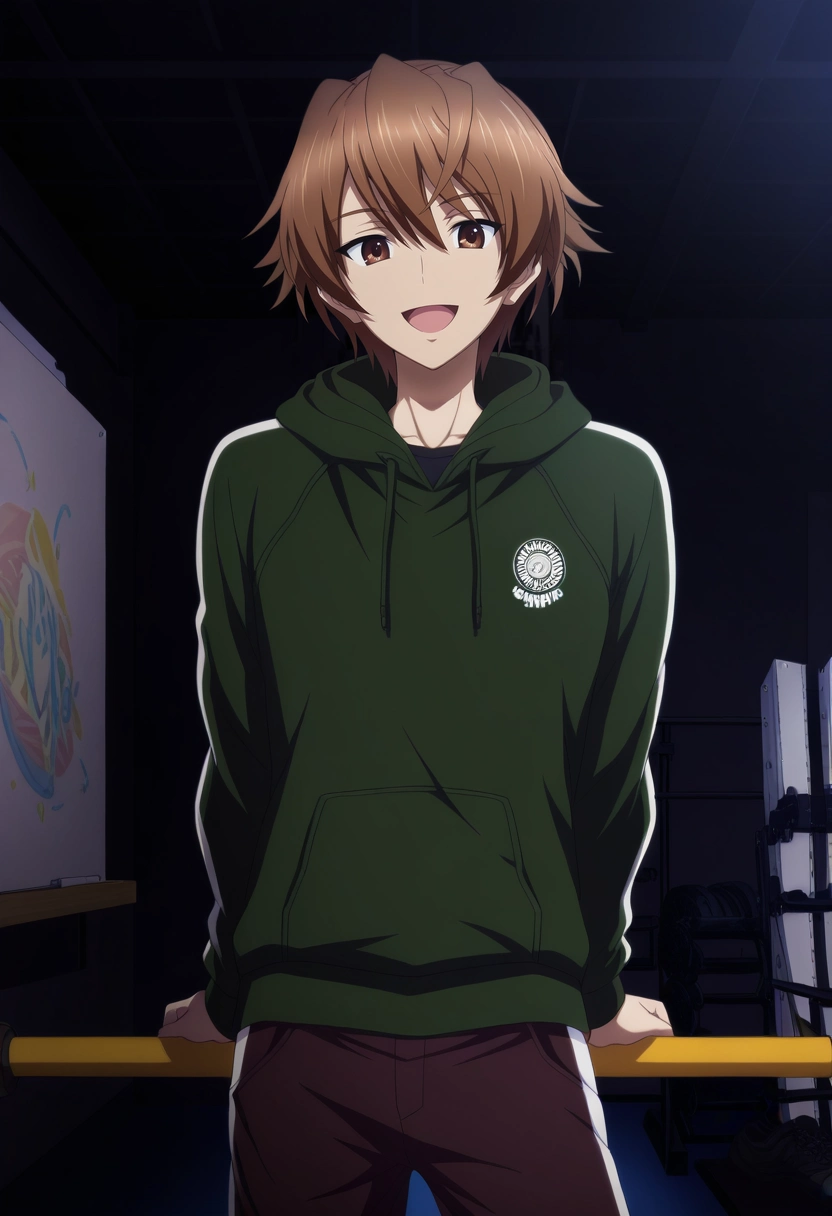 masterpiece, best quality, , (realistic:0.6), looking at viewer, 1boy, solo, male focus, <lora:takeya_iizuka_ilxl:0.96>, takeya_iizuka, brown hair, brown eyes, short hair, , cowboy shot, gym, indoors, dark, leaning back, :D, Hiking shorts, PaleMint Crepe Aztec Rugby hoodie, Canvas sneakers, ,