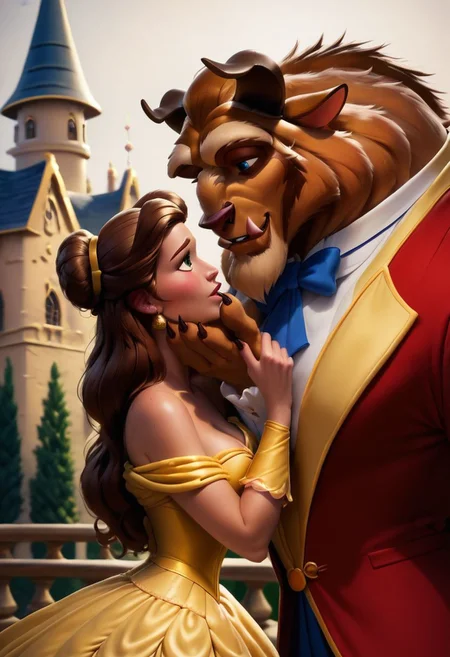 Score_9, score_8_up, Masterpiece, intricate details, cleavage, 1girl, 1man, original style, shy
Belle, 18yo, in the arms of theBeast,kissing passionately TheBeast, TheBeast holding her in his arms, princess dress, outside, nighttime, (ultra detailed cute face, beautiful Belle:1.1), romance, hand on his cheek, looking at each other