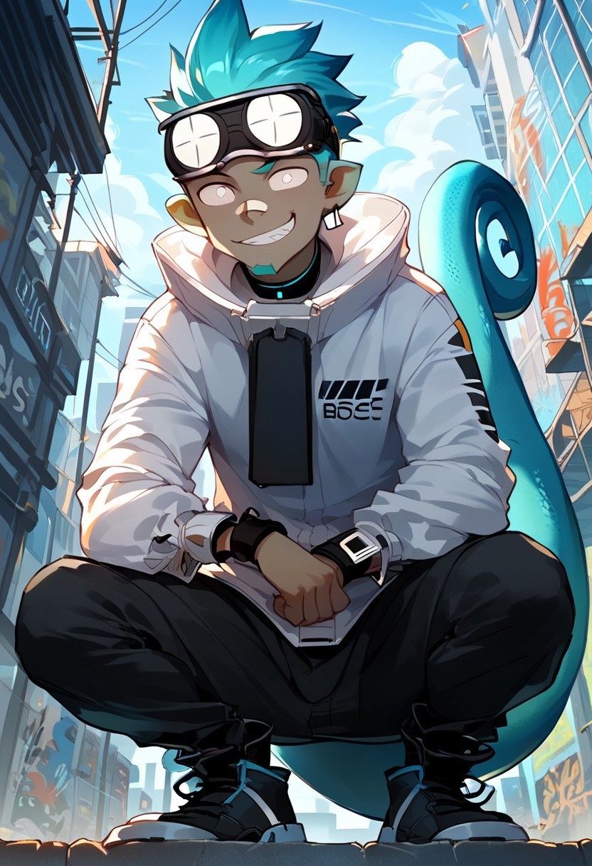 (score_9, score_8_up, score_7_up, score_6_up,), Ethan(Arknights), goggles on head, lizard tail, white eyes, young male, facial hair, 1boy, solo, middle shot, squatting, looking down at viewer, smirk, cheeky grin, bratty, city graffiti background, fisheye lens, dynamic camera angle, low camera angle, foreshortening, sharp contrast, highly detailed eyes,