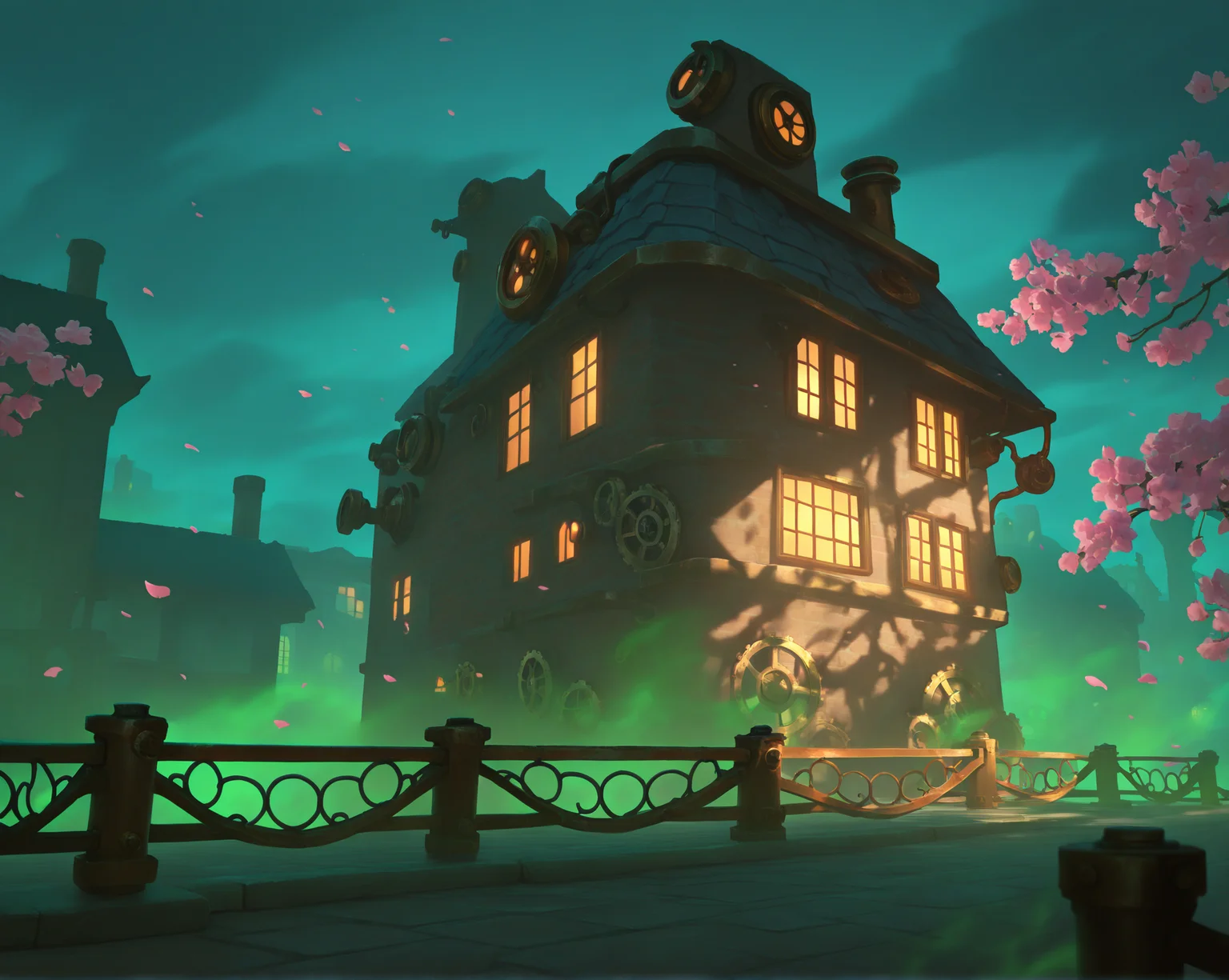 lorsty, steampunk, no humans, park, fence, building, cherry blossoms, wind, night, green fog, rim lighting, shade
masterpiece, best quality, highres, absurdres
<lora:LegendOfRuneterra_ILXL:1>