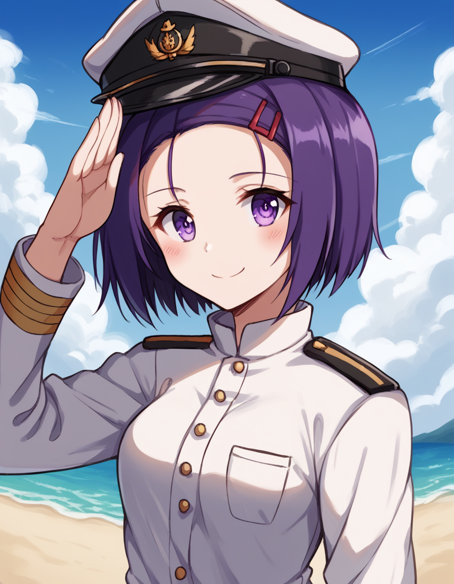 score_9, score_8_up, score_7_up, source_anime, <lora:haruna-sairenji-darkness-ponyxl-lora-nochekaiser:1>, haruna sairenji, hair ornament, hairclip, purple eyes, purple hair, short hair, swept bangs, forehead, medium breasts, <lora:kancolle-admiral-cosplay-ponyxl-lora-nochekaiser:1>, kancolle admiral cosplay, admiral (kancolle) (cosplay), naval uniform, cosplay, military uniform, military, peaked cap,, beach, salute, blush, smile, cowboy shot, looking at viewer,