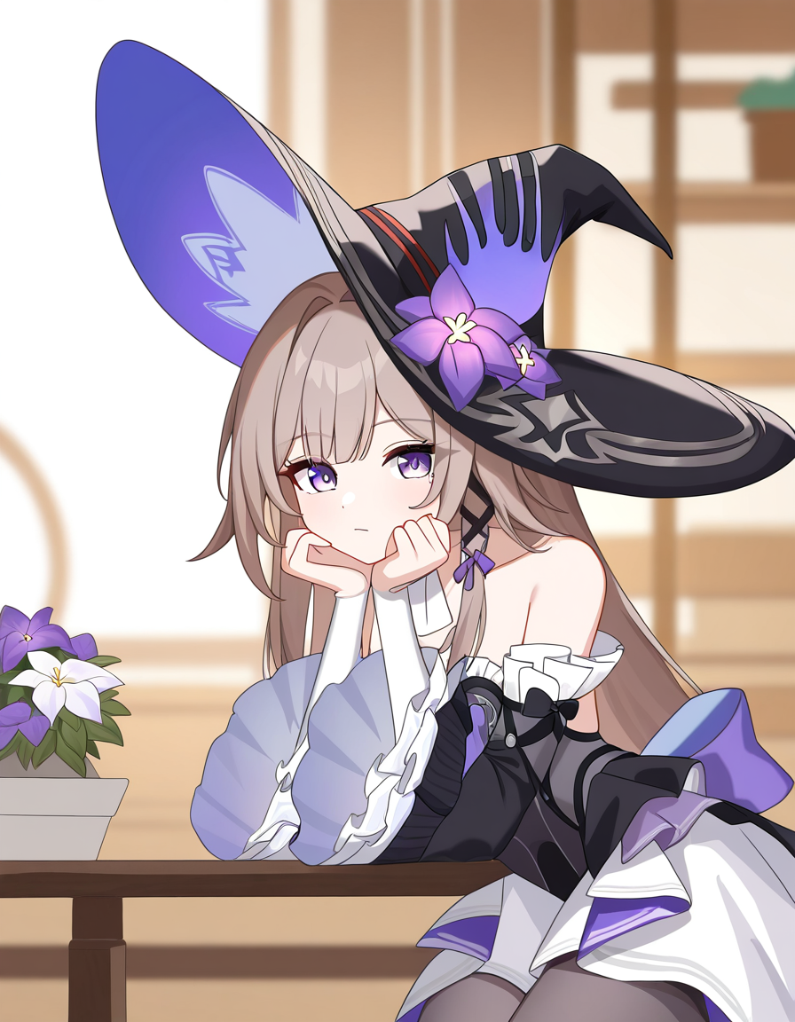 masterpiece, best quality, newest, absurdres, highres, safe,, <lora:the-herta-illustriousxl-lora-nochekaiser:1>, the herta, the herta (honkai: star rail), brown hair, long hair, purple eyes, medium breasts,, bare shoulders, black dress, black hat, detached sleeves, hat, hat flower, hat ornament, long sleeves, pantyhose, witch hat, flower shop, flowers, shelves, arrangements, , head rest, looking at viewer, solo,, cowboy shot, solo