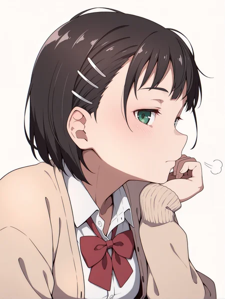 masterpiece,best quality,newest,1girl,solo,
<lora:p_suguha_v1.0:1>,p_sugu,hairclip,green eyes,
white shirt,red bow tie,cardigan,
<lora:Fixhands_anime_bdsqlsz_V1:1>,white background,simple_background,light_blush,upper_body,profile,looking_at_viewer,cheek rest,disdain,sigh,