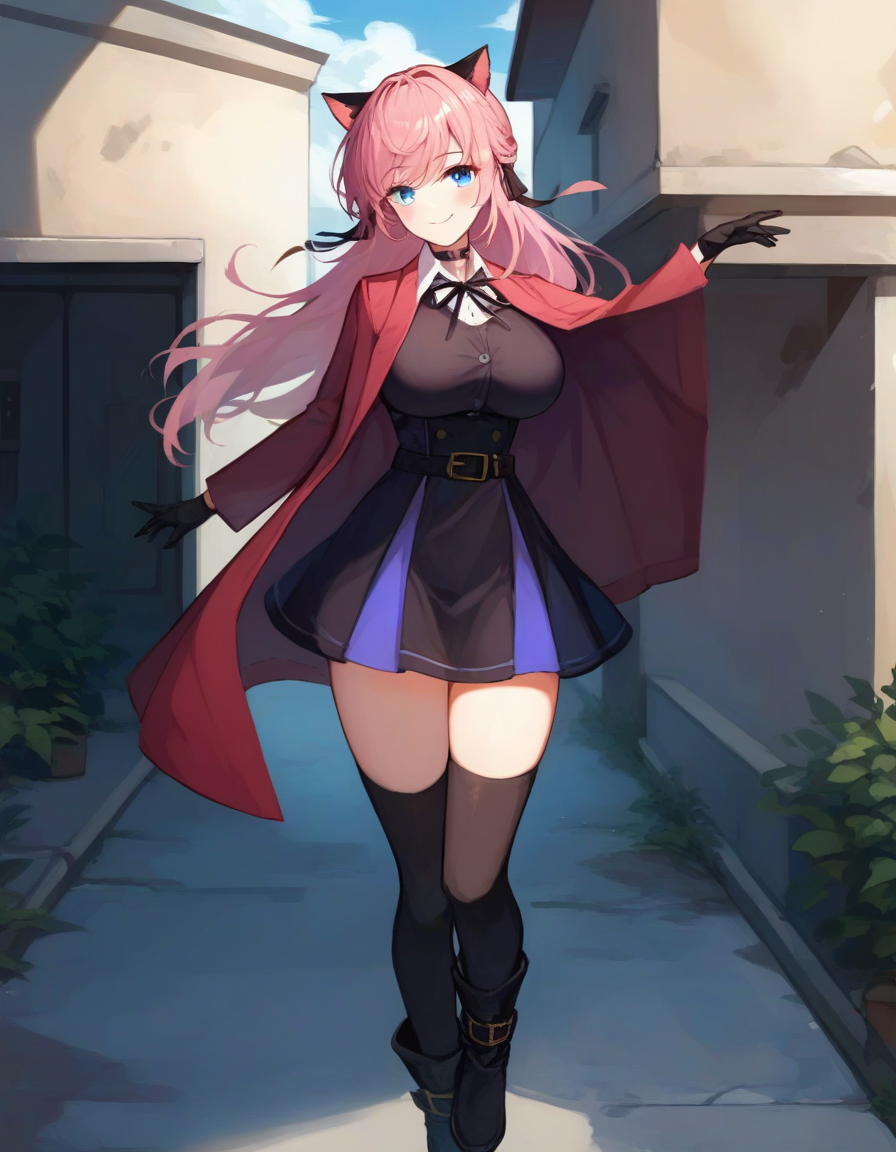 score_9,score_8_up,score_7_up,score_6_up BREAK official art,solo,outdoors,smile,cowboy shot,looking at viewer,facing viewer,Vivi,cat ears,long hair,pink hair,hair ribbon,black ribbon,sidelocks,bangs,blue eyes,choker,red coat,black dress,collared shirt,white shirt,shirt under dress,neck ribbon,white button,long sleeves,black gloves,large breasts,black belt,black thighhighs,zettai ryouiki,boots,black footwear,<lora:Vivi(v atmi)-Pony:1.4>,<lora:Smooth Anime Style LoRA XL:0.8>,