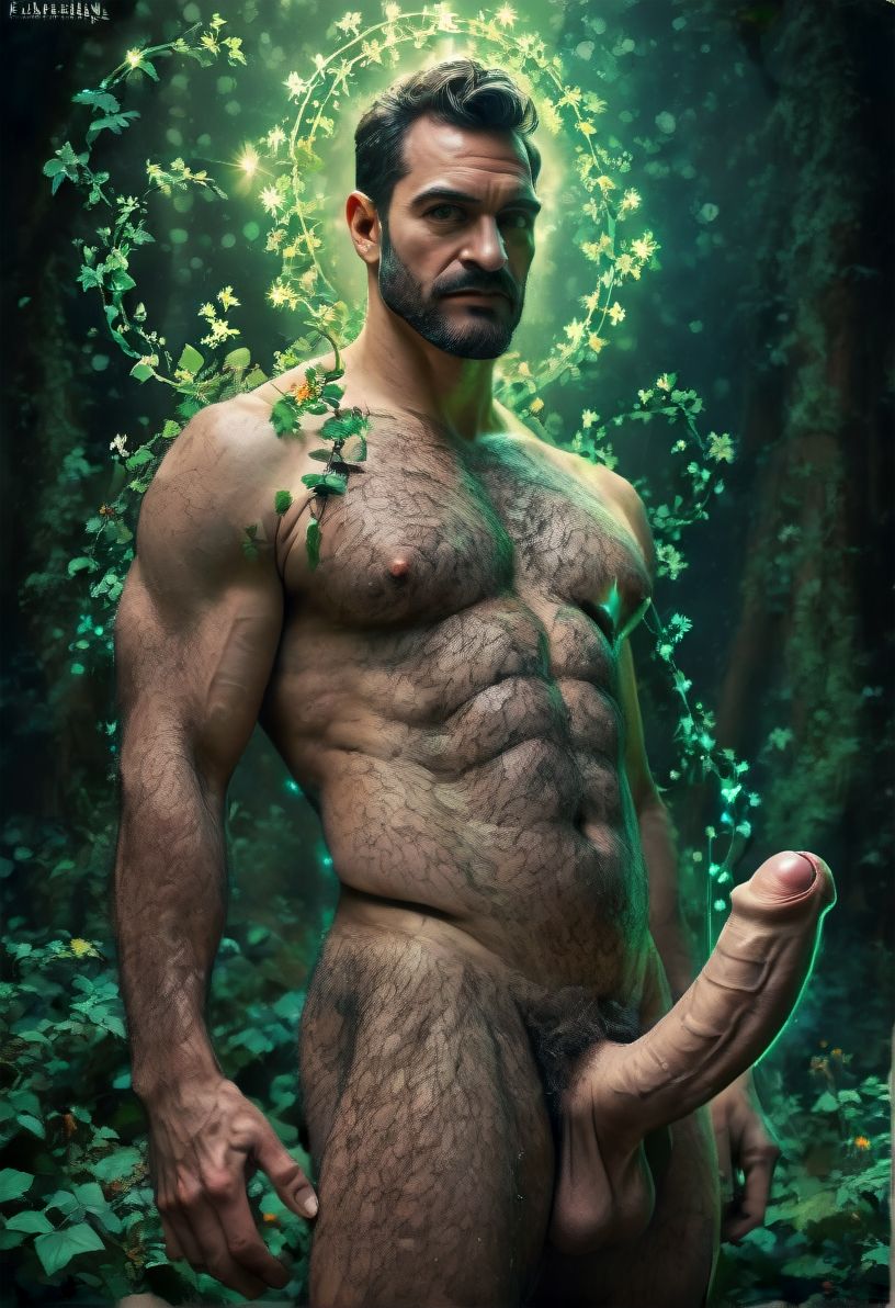 score_9, score_8_up,score_7_up, score_6_up, score_5_up, score_4_up, hyperrealistic, ((naked man)), manly, (hairy body:1.3), flaccid large penis, foreskin, colored aura in the background, flashes of light, fantasy concept art, magic, abstract, surreal, flamboyant, fantasy, glowing vines, cascade of flowers, cascade of leaves, colorful magic lights, detailed art, vivid, vibrant, nature magic, circle, best quality, color scheme blue,