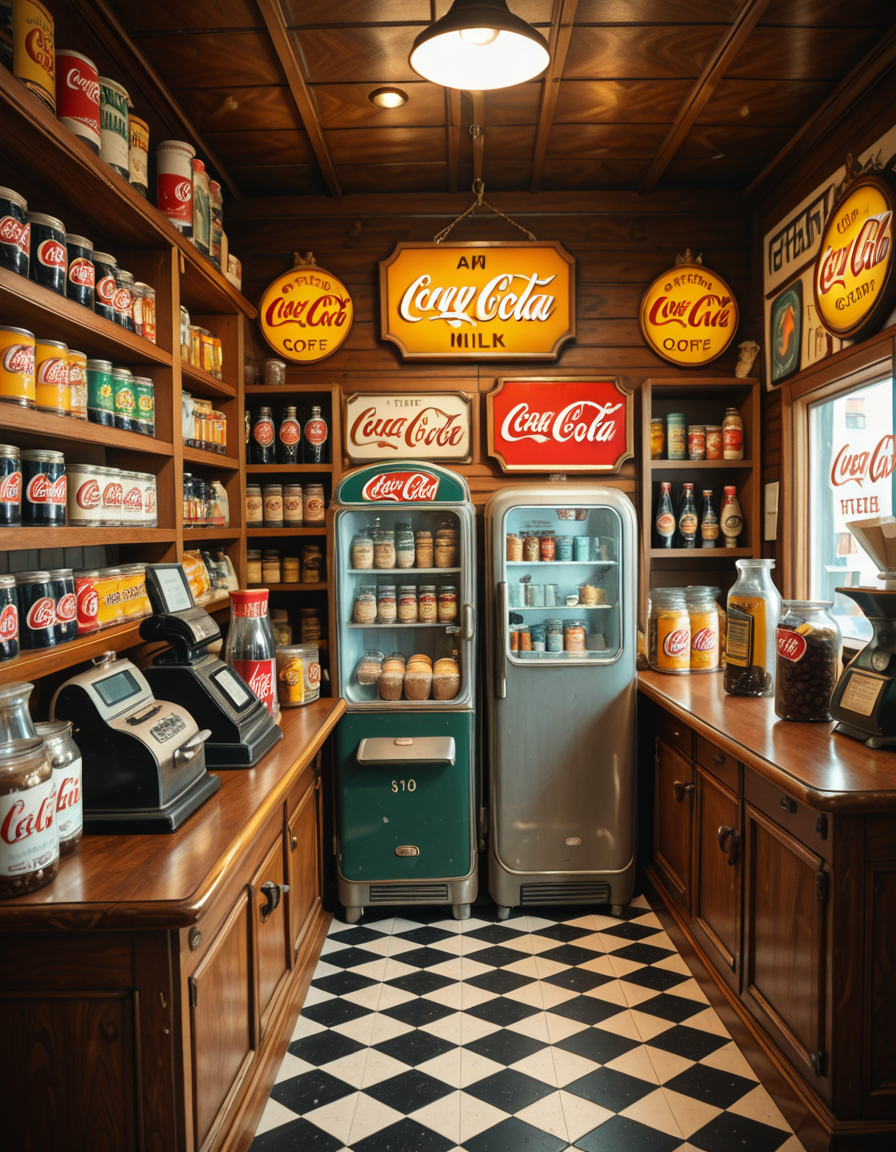 A vintage 1950s grocery store filled with nostalgic details. Wooden shelves neatly stocked with classic canned goods, glass soda bottles, and colorful retro packaging. An old-fashioned cash register sits on the wooden counter, next to a small scale for weighing produce. The checkered black-and-white tile floor adds to the mid-century charm, while hand-painted signs on the walls advertise milk, bread, and coffee in bold, retro fonts. A display of penny candy in glass jars sits near the entrance, and a vintage Coca-Cola refrigerator hums in the background. Soft, warm lighting casts a nostalgic glow over the scene, enhancing the rich textures of wood, glass, and metal, capturing the essence of a bygone era.
<lora:SDXLFaeTastic2400:0.4> <lora:extremely_detailed:0.4> extremely detailed
,1950s grocery st0r3, <lora:1950s_grocery_st0r3-i:1>, Masterpiece,best quality,hi res,8k,hi res,8k,award winning,(sharp focus, intricate, highly detailed),