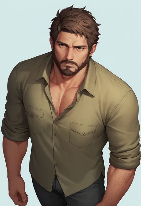 score_9, score_8_up, score_7_up, score_6_up, score_5_up, score_4_up, 1boy, <lora:JoelMillerTLOU1:0.7>, solo, muscular male, adult male, brown hair, short hair, facial hair, beard, arm hair, collared shirt, sleeves rolled up, pants, boots, upper body, from above, looking at viewer,
(light blue background), simple background
