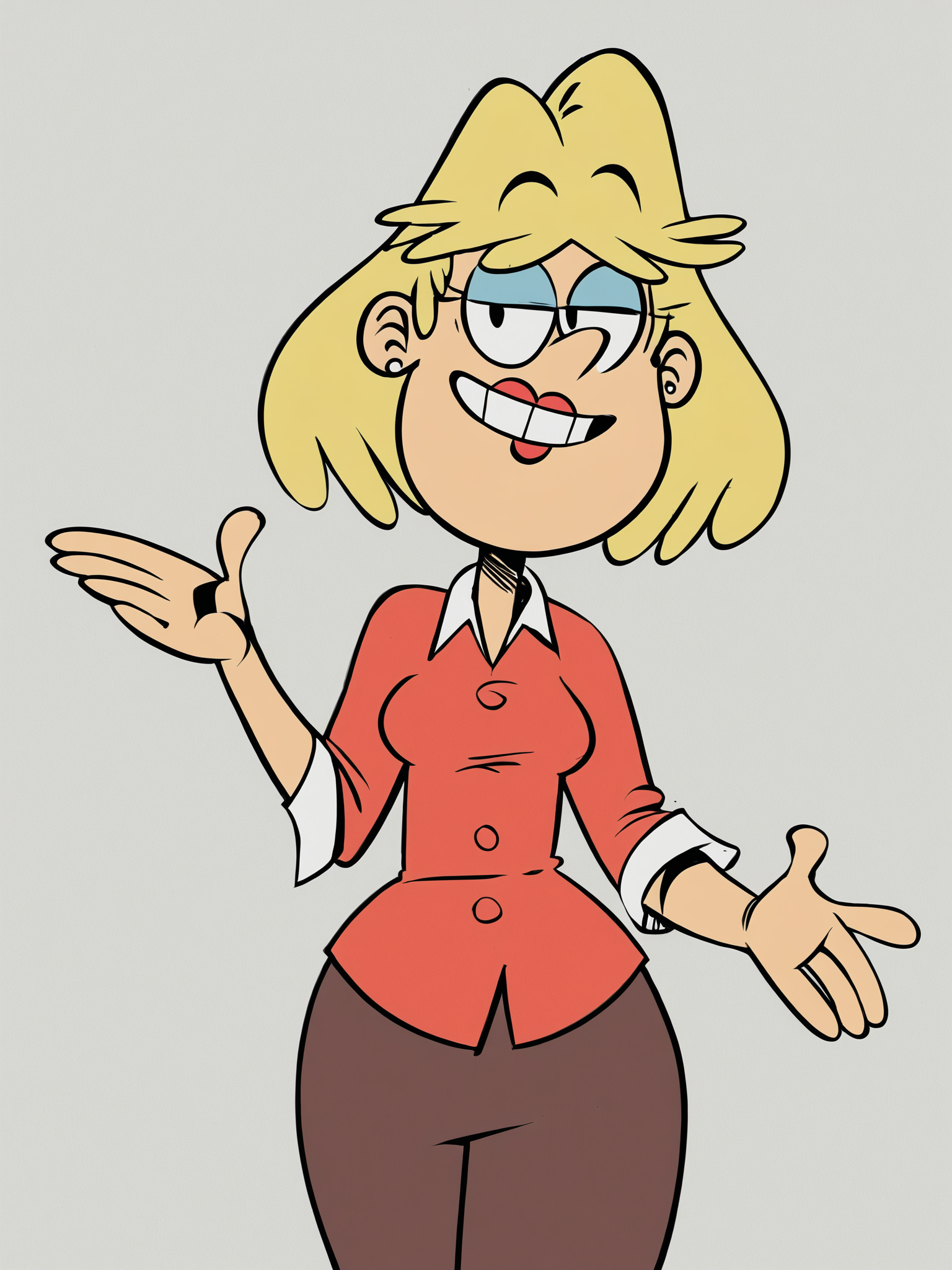 <lora:RitaLoudPony1.0:0.8> rita_loud, 1girl, solo, blonde hair, short hair, earrings, jewelry, rita loud, smile, lipstick,m stud earrings, shirt, pants,teeth,white background,  background, cowboy shot,  looking at viewer, score_9, score_8_up, score_7_up, score_6_up, score_5_up, score_4_up