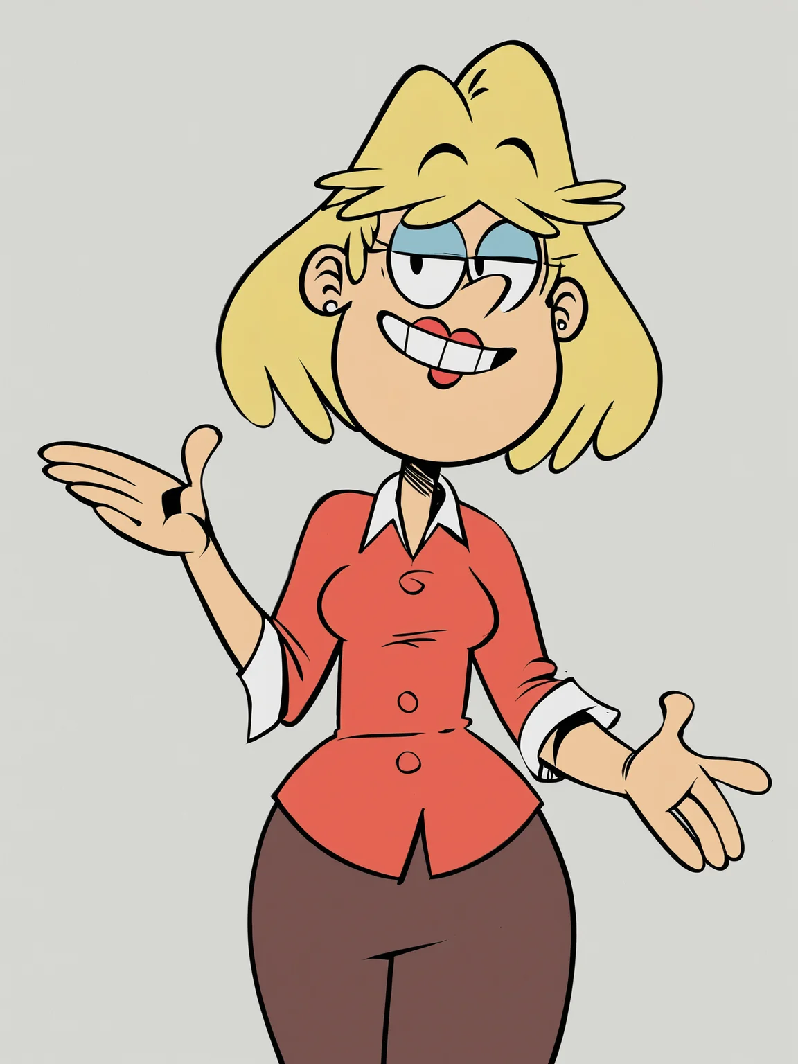 <lora:RitaLoudPony1.0:0.8> rita_loud, 1girl, solo, blonde hair, short hair, earrings, jewelry, rita loud, smile, lipstick,m stud earrings, shirt, pants,teeth,white background,  background, cowboy shot,  looking at viewer, score_9, score_8_up, score_7_up, score_6_up, score_5_up, score_4_up