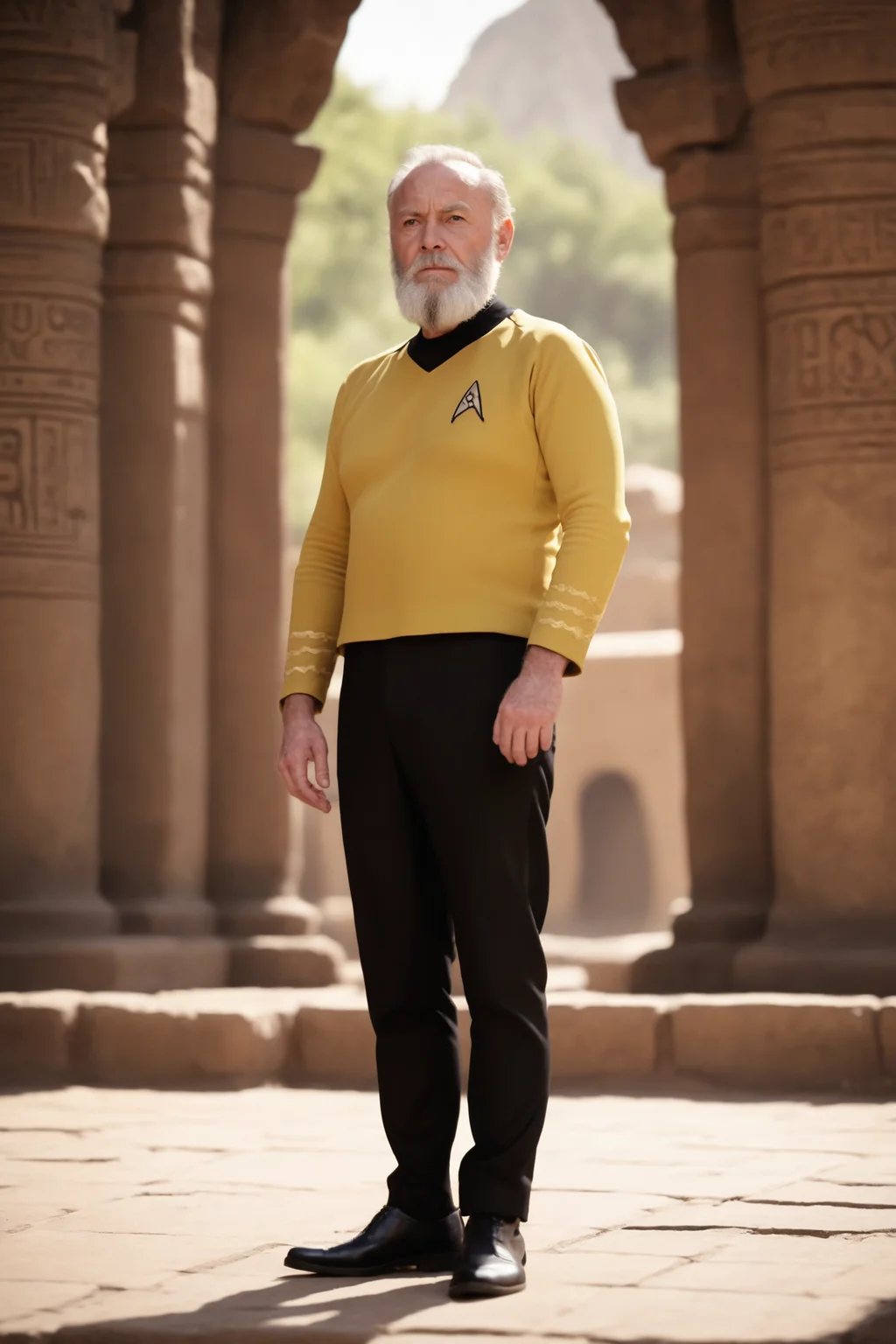 an older man with big beard in yellow startrektos uniform,black pants,in front of aztec temple,
masterpiece, best quality, soft light, bokeh, real shadow, cinematic, subsurface scuttering <lora:TOSXL-000040:0.8>