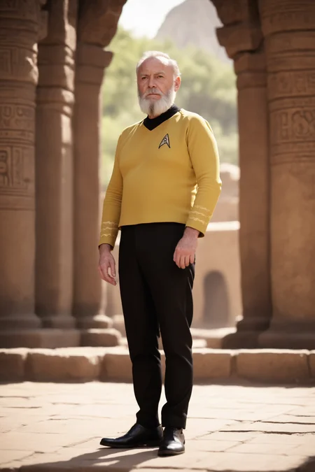 an older man with big beard in yellow startrektos uniform,black pants,in front of aztec temple,
masterpiece, best quality, soft light, bokeh, real shadow, cinematic, subsurface scuttering <lora:TOSXL-000040:0.8>