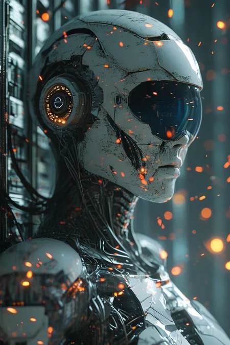 A 3D render of a rogue AI with a fractured faceplate, smashing through walls of a crumbling data center. The AI has a detailed outfit with extraordinary elements. Sparks and cables fly around the AI. The background is filled with malfunctioning screens. The image has a Dutch angle, emphasizing the destruction. The overall image is chaotic and gritty.
