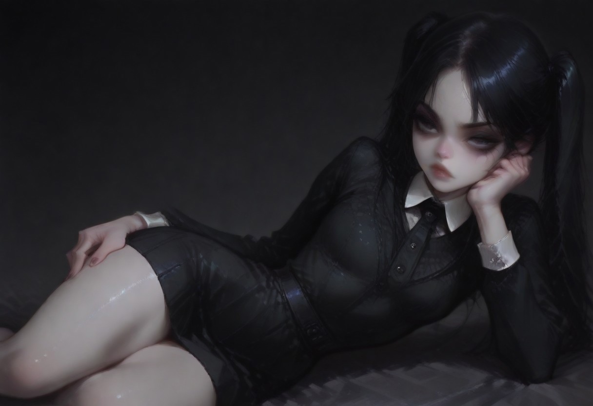 1girl, Wednesday addams \(The addams family\),(ultra HD quality details), hair in two ponytails, black hair, raven black eyes, beautiful face, pale skin, beautiful face, hand on hip, hand on own hip, hand on own thigh,  lying, lying on side, on side, head rest on elbow, arm support,