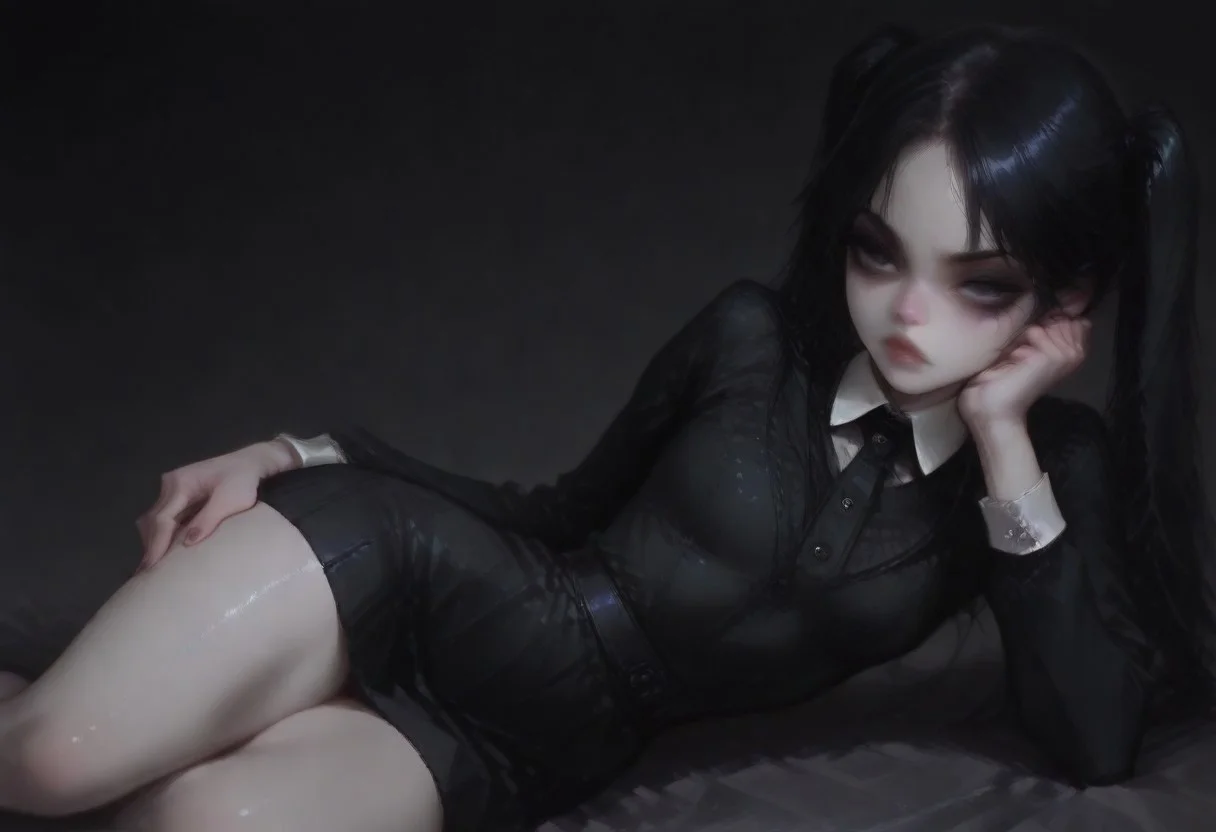 1girl, Wednesday addams \(The addams family\),(ultra HD quality details), hair in two ponytails, black hair, raven black eyes, beautiful face, pale skin, beautiful face, hand on hip, hand on own hip, hand on own thigh, lying, lying on side, on side, head rest on elbow, arm support,
