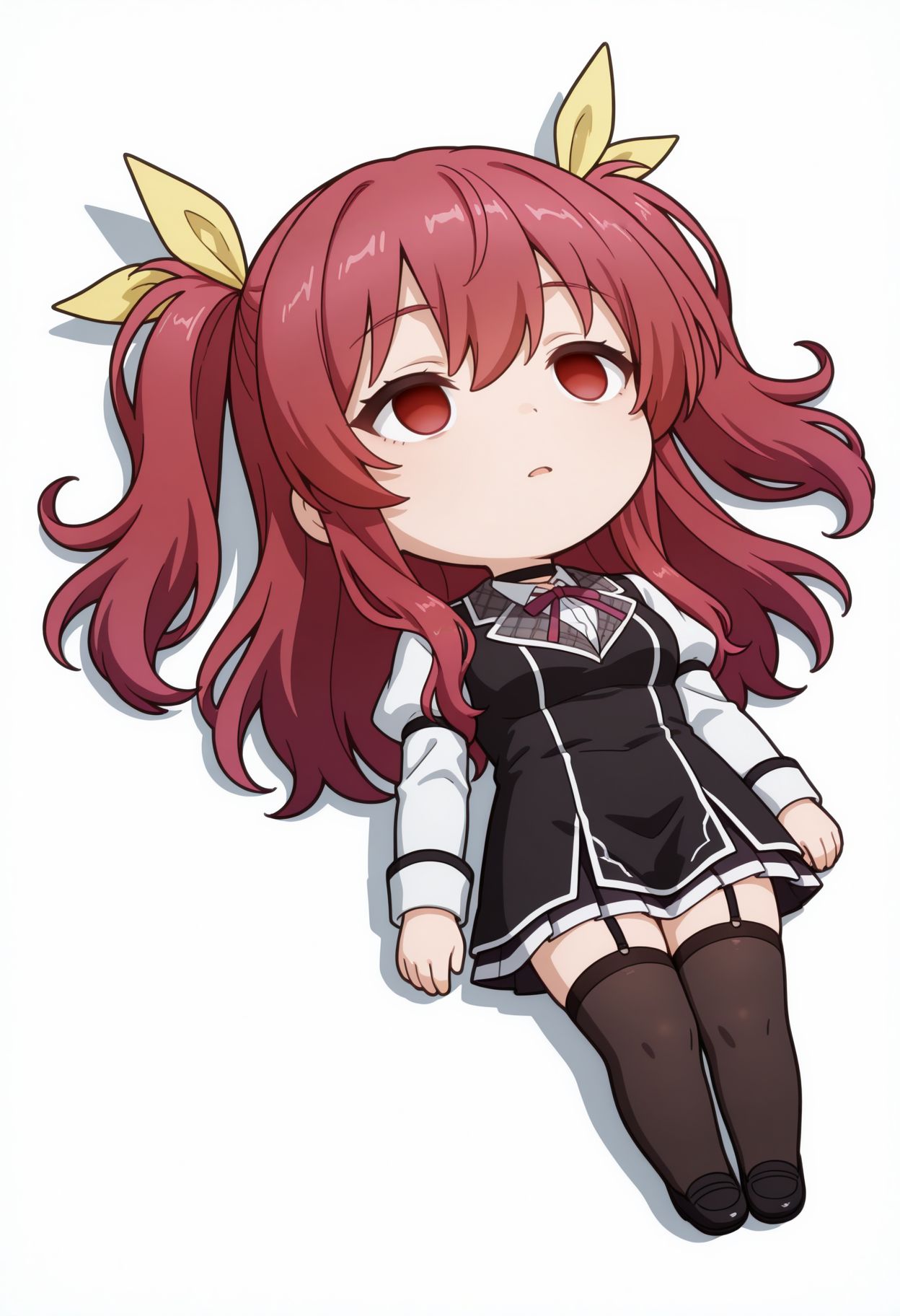 masterpiece, best quality, newest, chibi, full body, lying, on back, empty eyes, solo, simple background, white background
 <lora:Stella Vermillion illu:1> 1girl, long hair, hair ribbon, red hair, red eyes, twintails, two side up, school uniform, yellow ribbon, choker, garter straps, zettai ryouiki, black thighhighs <lora:meme_qiqifallen_noobAIXL11EPS:1> chibi, full body, lying, on back, empty eyes