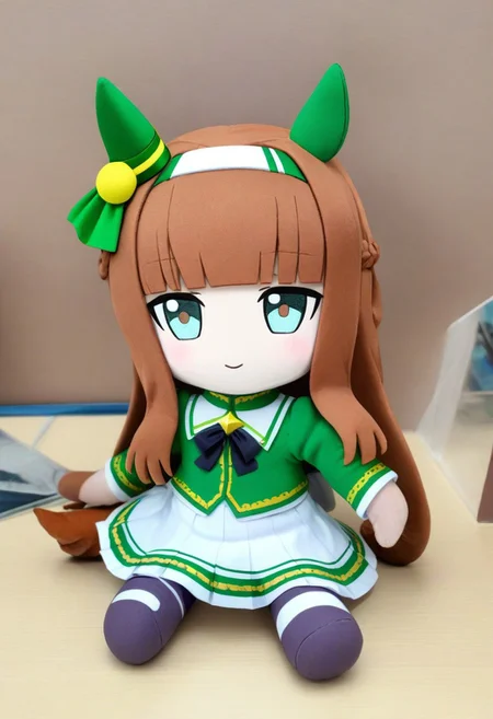 character doll,chibi, sitting, full body,
1girl, SilenceSuzuka, horse girl, green horse ears, green ear covers, horse tail, turquoise eyes, flat chest, slender, hime-cut, orange long hear, blunt bangs, shiny hair, white hearband, hair ornament, darkpurple
gloves,puffy sleeves, darkpurple pantyhose, green long_sleeve_shirt, drakpurple bowtie, pleated skirt, white skirt, asymmetrical footwear, mismatched footwear, white footwear,looking at viewer,amusement arcade