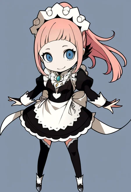 score_9, score_8_up, score_7_up, source_anime, BREAK, solo, 1girl, looking at viewer, smile, <lora:PQ-Style-pdxl_Fp:1>, simple background, full body, chibi, <lora:felicia-fe-richy-v2_pdxl:0.8>, flcdf, blue eyes, pink hair, long hair, ponytail, maid headdress, black feathered collar, blue brooch, breasts, maid, juliet sleeves, maid apron, bridal gauntlets, black thighhighs,