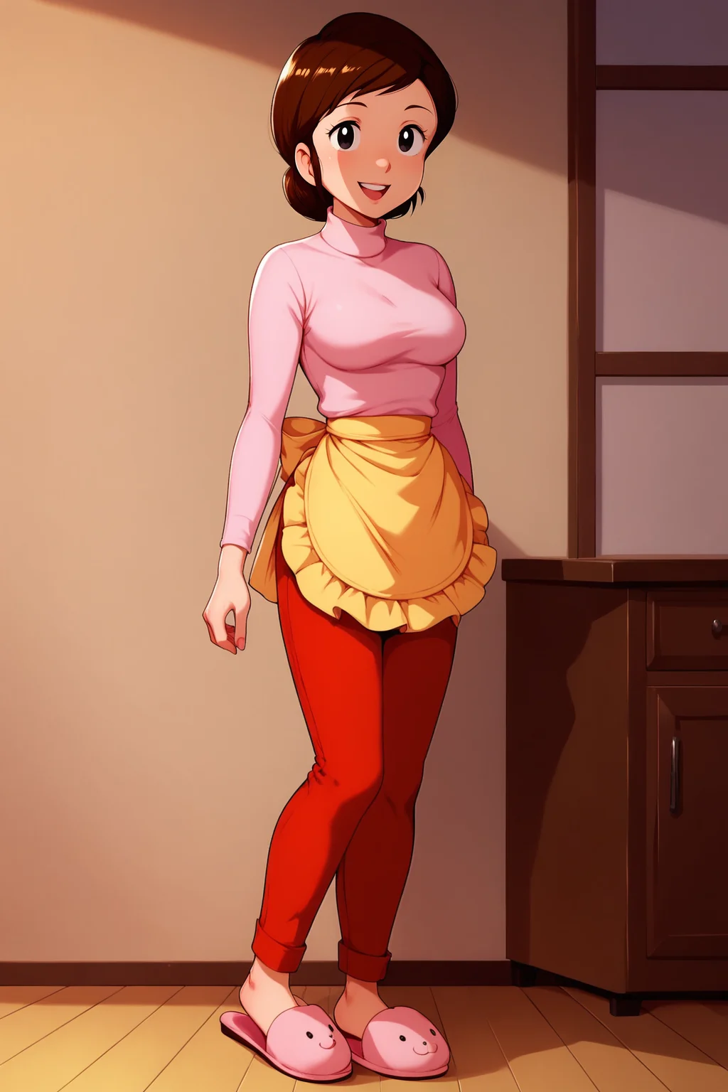 score_9, score_8_up, score_7_up, score_6_up, BREAK, AtaruMotherUYXL, black eyes, brown hair, short hair, medium breasts,  turtleneck, pink shirt, long sleeves, yellow waist apron, red pants, pink slippers, solo, full body, standing, seductive smile, looking at viewer, indoors <lora:AtaruMotherUYXL:1>