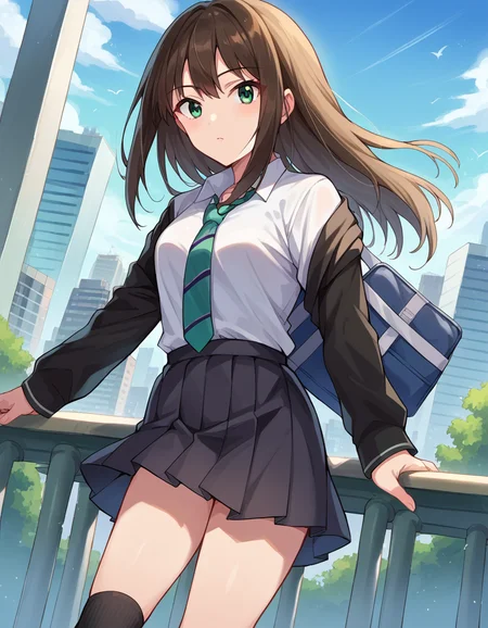 score_9, score_8_up, score_7_up, source_anime,
rinshibuya, <lora:rin-shibuya-ponyxl-lora-nochekaiser:1>,
rin shibuya, black hair, green eyes, long hair,
black skirt, black socks, collared shirt, green necktie, kneehighs, long sleeves, miniskirt, necktie, pleated skirt, school uniform, shirt, skirt, socks, striped, striped necktie, white shirt, wing collar,
outdoors, cityscape,
looking at viewer, dutch angle, cowboy shot,