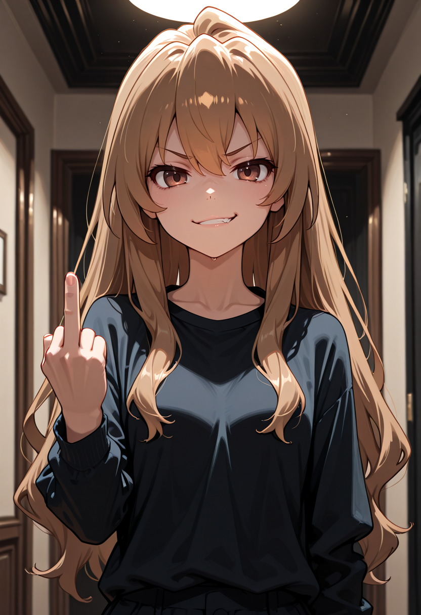 masterpiece, newest, absurdres, best quality, hires, 1girl, aisaka taiga \(toradora\), smirk, middle finger, looking at viewer, indoors, volumetric lighting