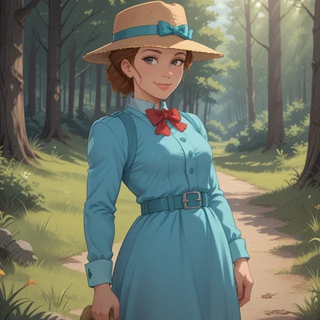 score_9, score_8, BREAK, solo, brown hair, straw fedora hat, cyan bow on hat, black eyes, lips, cyan long dress, red bowtie, cyan belt, black socks, black slippers, Darling_(Lady_and_the_Tramp), sexy pose, self portrait, smile, outdoors, sunlight, shadows, evening lighting, natural lighting, forest, trees, grass, orange sky, sunset