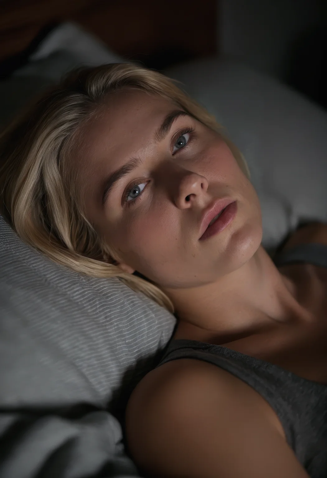 dimly lit film still of a 25-year-old blonde woman reclining on her side in bed, head on pillow, moody ambient lighting creating soft highlights and shadows, (detailed skin and subtle textures), gentle focus on her face and upper body, wide-angle perspective, soft vignetting, cinematic lens depth, bokeh in the background, refined and intimate composition, emotional realism