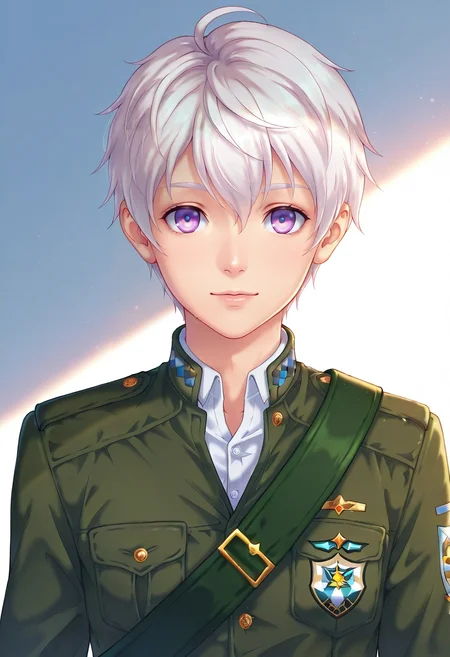 masterpiece, best quality, , semi-realistic, looking at viewer, , 1boy, solo, male focus, <lora:felix_clermont_ilxl:0.94>, felix_clermont, white hair, purple eyes, ahoge, uniform, ,