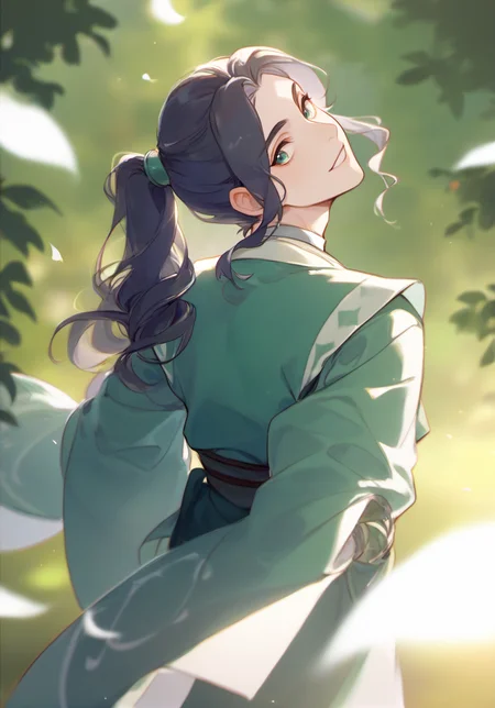 score_9, score_8_up, score_7_up, masterpiece, best quality, 1boy, solo, yong boy, <lora:shaft_head_tilt-PD-1.0-all:0.8> shaft head tilt, back to viewer, <lora:MeiLanPony:1> meilan, green hanfu, ponytail,