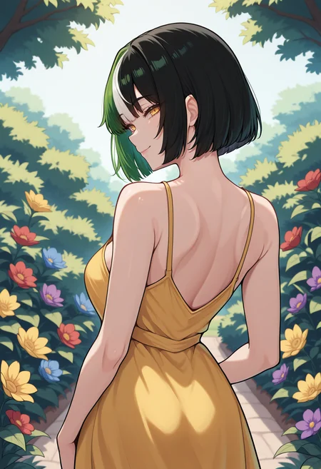 masterpiece, best quality, 1girl, solo, short hair, bob cut, NSMelionPalHair, green hair, black hair, white hair, multicolored hair, yellow eyes, medium breasts, from behind, outdoors, garden, flower, red flower, blue flower, purple flower, yellow flower, looking back, yellow sundress, shoulder blades, sleeveless, smile, <lora:NSMelionPalHairIllu:1>